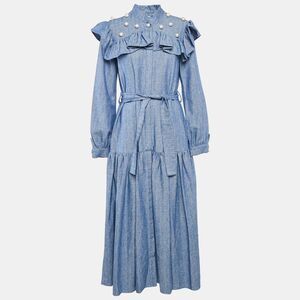 Poca & Poca Blue Canvas Ruffled Bead Detail Maxi Dress M